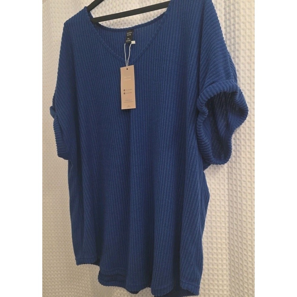 NEW Emery Rose V-neck ribbed short‎ Sleeves Super Soft Sweater 3X Blue - Picture 4 of 10